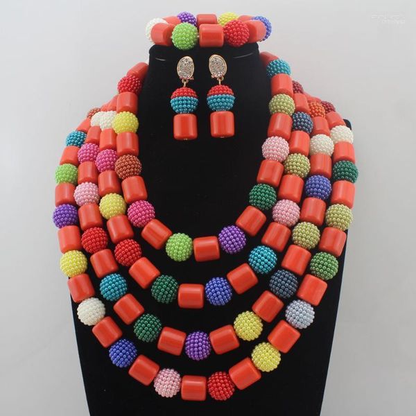 Brincos de decote Conjunto de contas de coral artificial laranja africana Nigeriano Casamento colorido W13693