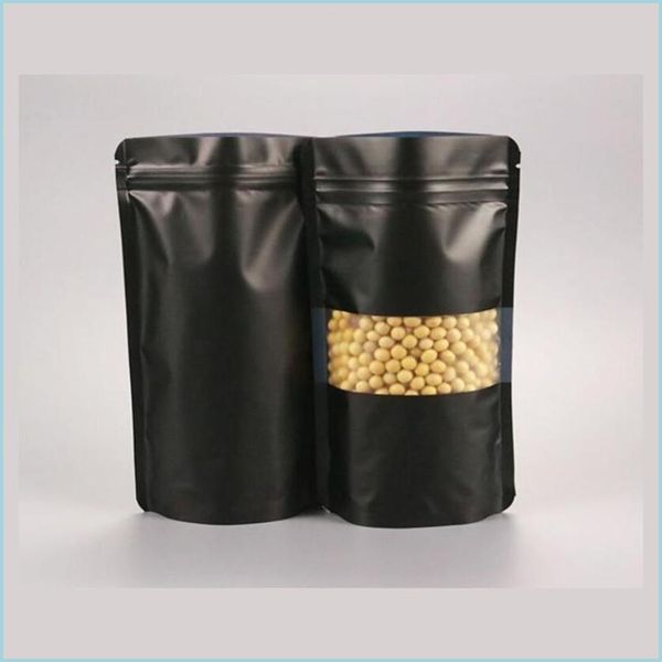 Упаковочные сумки встаньте алюминиевую сумку для уплотнения матовое прозрачное пластиковое окно Черное молнии Mylar Foil упаковка Doypack Coffee Snacks Tea Storage Po dhm1f