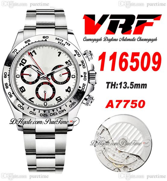 VRF 11652 A7750 Automatik-Chronograph-Herrenuhr, Tachymeter-Lünette, silberfarbenes schwarzes Ziffernblatt, Edelstahlarmband, Super Edition, Karte derselben Serie, Puretime J10