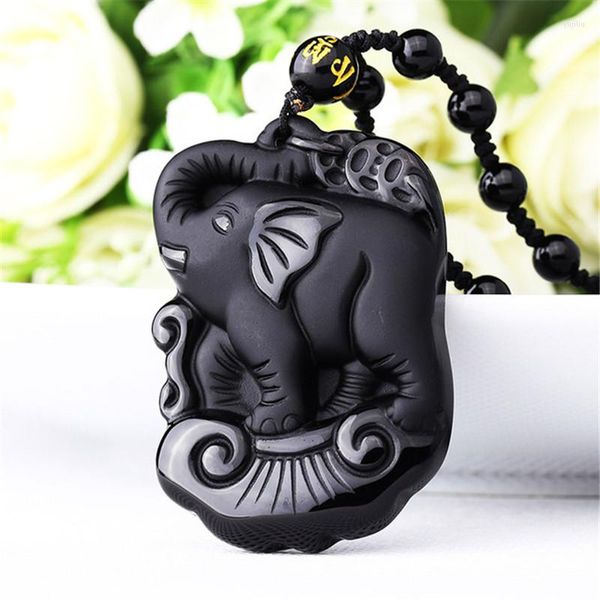 Anhänger Halsketten Tropfen Natürlicher Schwarzer Obsidian Geschnitzte Mutter Baby Niedlicher Elefant Amulett Glück Halskette Modeschmuck Heilung Geschenk