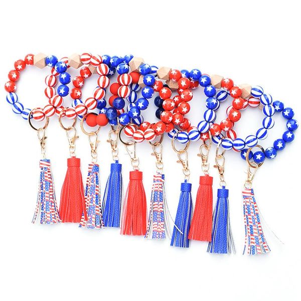 Bağımsızlık Günü Boncuklar Bilezik Partisi Favor Amerikan Bayrağı Keychain Ahşap Boncuk Püskül Bilek Bant Kolye Moda Bilek Bangles Tutucu Tutucu Bilek Mücevher Rre15242