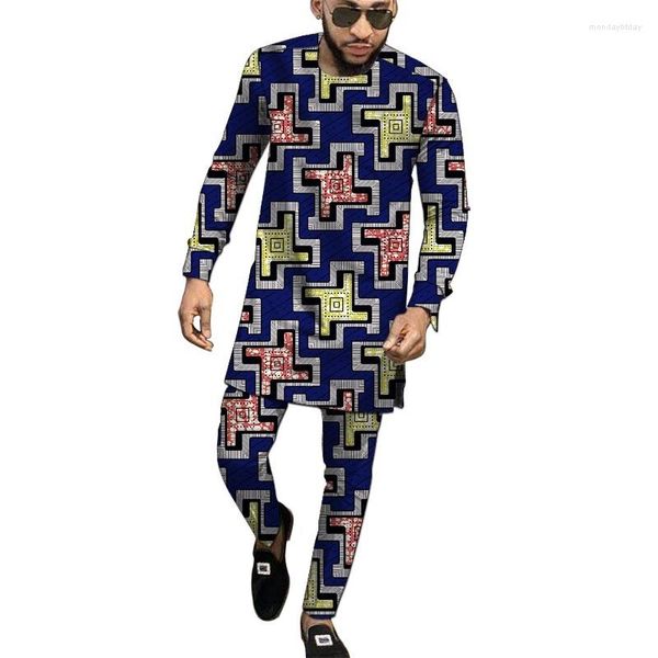 MENOS TRABALHOS DE TRABALHOS NIGERIOS sets masculinos de manga longa Tops de cintura elástica Pants Africanas Suites de casamento de casamento masculino Roupas de festa