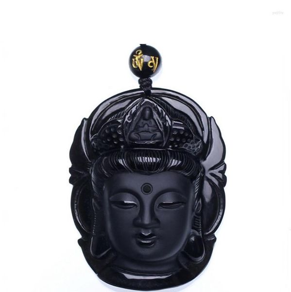 Collane con ciondolo Gioielli per tende Scrub di ossidiana Pendenti con testa di Guanyin nera Buddha trasbordato