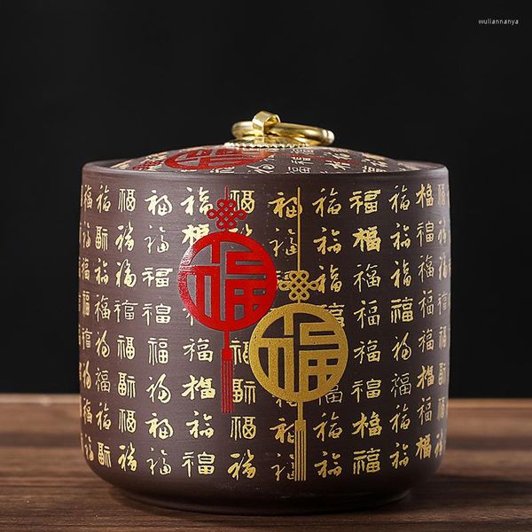 Бутылки для хранения китайского стиля керамика Fu Ceramic Цилиндрическая запечатанная чайная кофе конфеты с крышкой с золотой влажной защитой