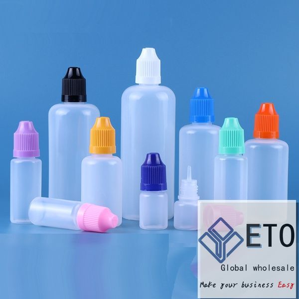 Bottiglie contagocce Eliquid Bottiglie di plastica con tappi a prova di bambino E sigarette Bottiglia di succo per inchiostro pigmentato Nerofumo Spremere Bottiglia di olio per occhi PE LDPE