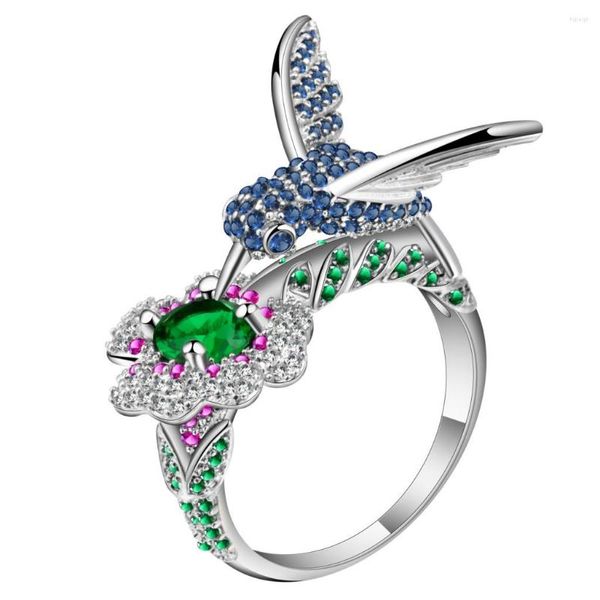 Eheringe UFOORO Niedlicher Kolibri, der Honig sammelt, blauer Zirkon-Vogel-Charm, grüner Blumenring für Frauen, Schmuck, Silber, schönes Tier