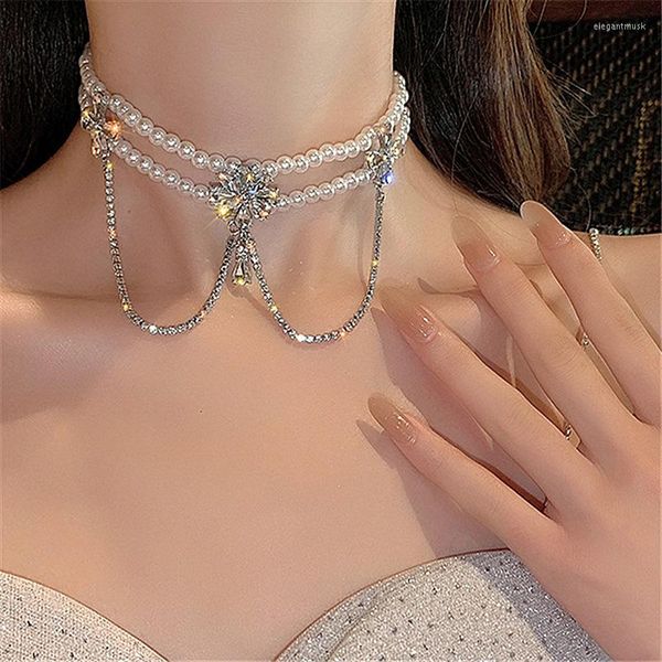 Colares de pingentes de pênda de imitação de cristal zzyy pérola para mulheres colar de corrente de clavículas Vintage Garufra Y2K Jewelry Ribbon Gift