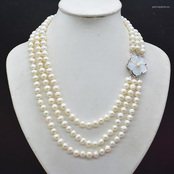 Halsband 3 Etagen. 8 mm natürliche Barock-Süßwasserperlenkette in Weiß/Schwarz/Rosa. Der klassischste Damen-Partyschmuck 18–23 Zoll