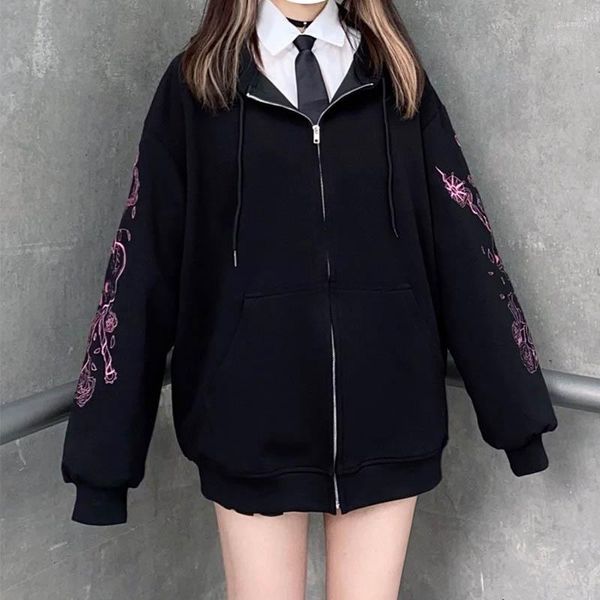 Damen Hoodies Schwarz Hip Hop Zip Up Jacke Reißverschluss Frauen Street Style Y2k Kleidung Cartoon Print Harajuku Hoodie Herbst Winter Goth Mantel