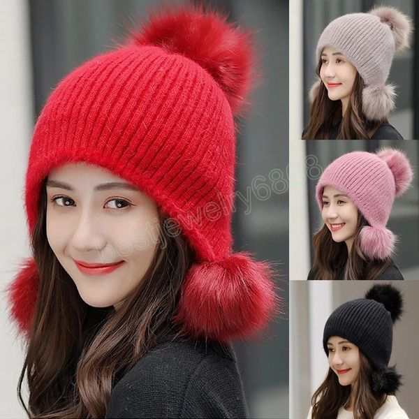 Cappello autunno inverno per donna morbida pelliccia lavorata a maglia decorazione berretto cappelli moda tinta unita sport all'aria aperta berretto caldo