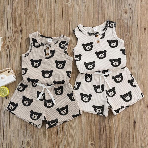 Kleidungssets 2-teiliges Kleinkind-Baby-Jungen-Sommer-Outfit mit Bärendruck, ärmellose Tanktops, elastische Taille, Shorts-Set für Kinder von 6 Monaten bis 4 Jahren