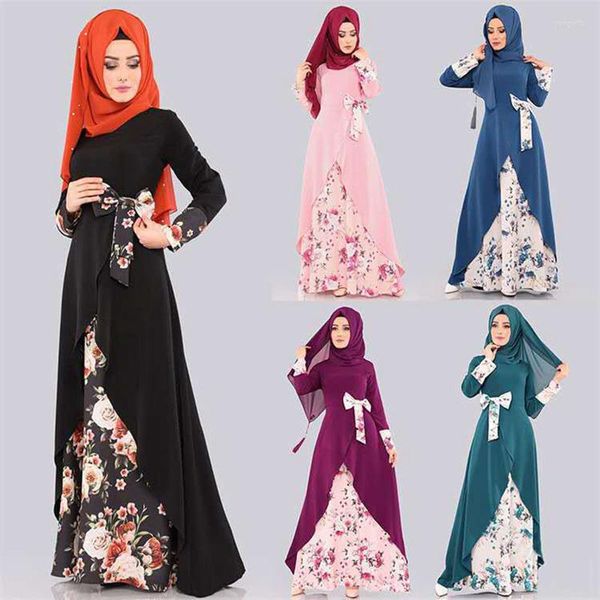 Abbigliamento etnico Donsignet Abito musulmano Moda Abaya Dubai Fiori Temperamento elegante Stampa Fiocco lungo Turchia