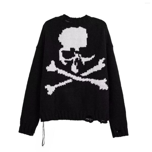 Designer feminino suéteres feminino suéteres halloween rasgado suéter crânio impressão manga longa o-pescoço de malha pulôver outono senhoras solto casual oversized ke2u