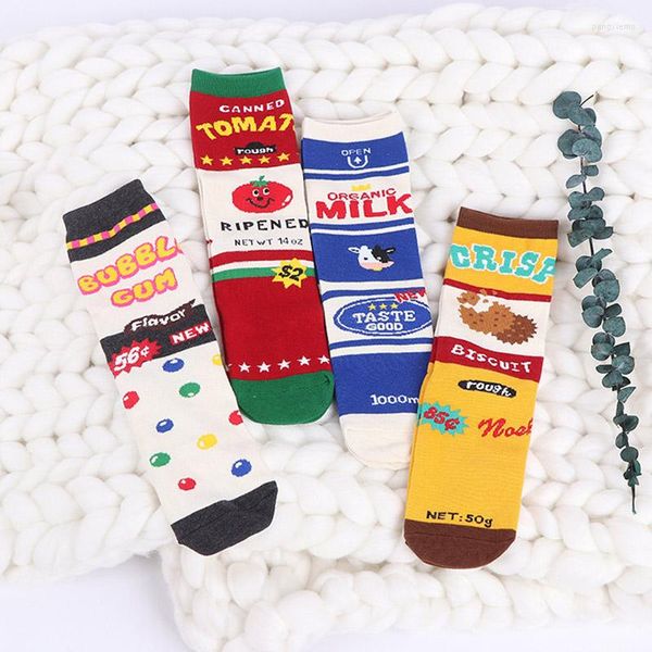 Herrensocken für Herren und Damen, kreativ, lustig, fröhlich, Baumwolle, bunt, lustig, Milchbox-Muster, Süßigkeiten, Tomaten, Kekse, gestreift, Stit