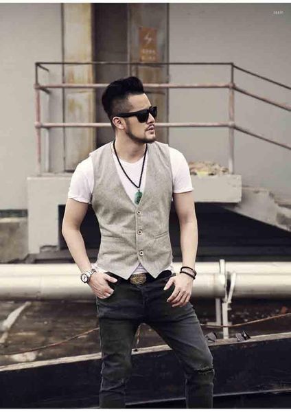 Gilet da uomo Gilet da uomo in cotone e lino Abito casual monopetto Abbigliamento da sposa