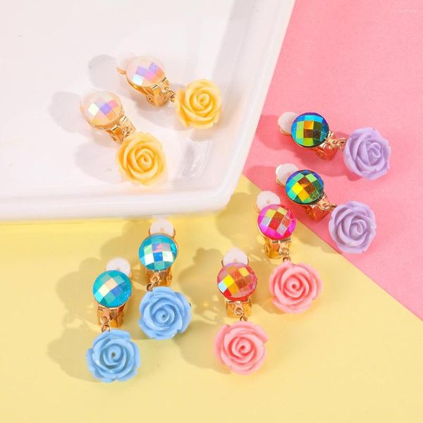 Orecchini con retro per bambini, carino, colore puro, clip per orecchio rosa per ragazze, senza piercing, orecchino a fiore rosa, in resina, per bambini, gioielli, regalo, principessa