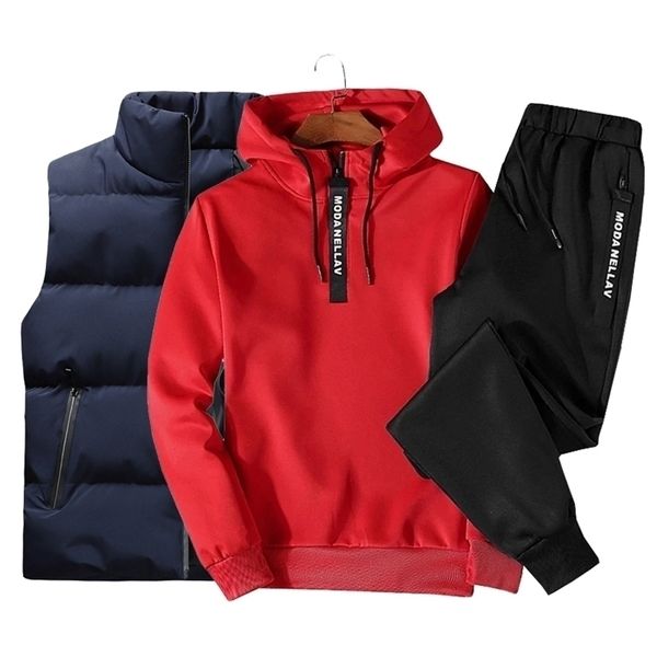 3PC Männer Outfit Set Jogger Sport Anzüge Hoodies Hosen Weste Lässige Männer Mode Schweiß Anzug Jump Anzug Männer kleidung 211023