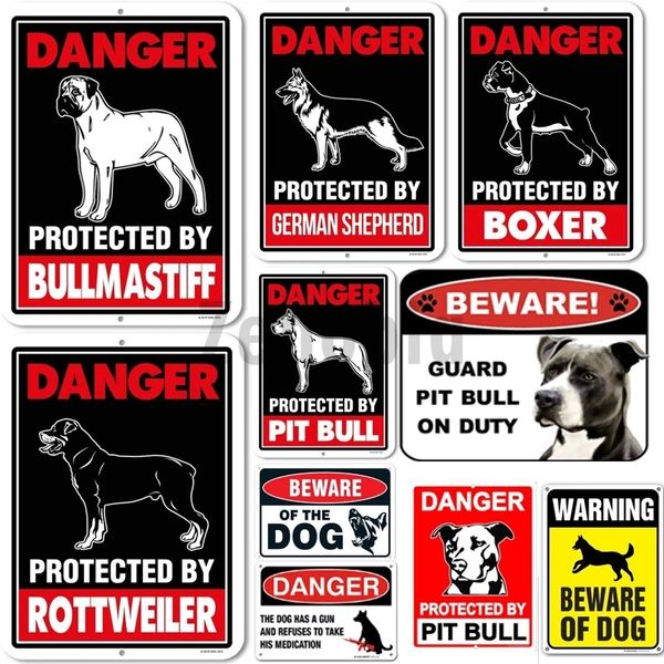 Aviso Pintura de metal Protegido Pit Bull Pitbull Dog Beware Vintage Metal Posters Guard Plaque Retro Shabby Home Decoração Cuadros Tin Decor Woo