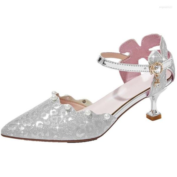 Scarpe basse Principessa ragazze in pelle cristallo abito a punta passerella sfilata per bambini scarpa con tacco alto 5,5 cm