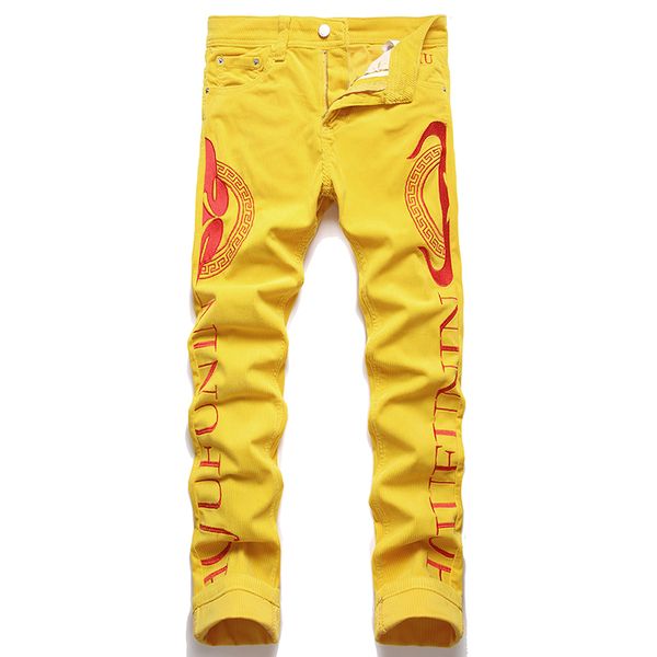 Jeans ricamati con lettere in velluto a coste autunnali Slim-Fit Pantaloni casual da uomo elasticizzati gialli Pantaloni alla moda Abbigliamento hip-hop a vita media