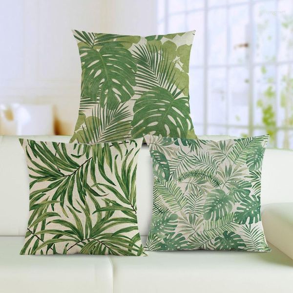 Folhas de plantas verdes tropicais de travesseiro jogam case de linho para casa fresca decoração de sofá cadeira de cadeira decorativa 45x45cm