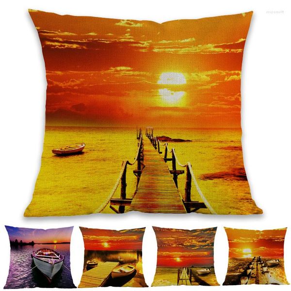 Cuscino stile pittura a olio giallo tramonto tramonto mare paesaggio barca ponte copriletto casa galleria decorazione copridivano