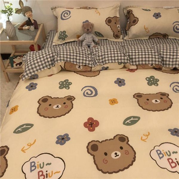 Set di biancheria da letto Set per ragazze per ragazzi Moda per bambini per adulti Biancheria da letto Copripiumino Copripiumino Federa Lenzuola piatte in poliestere con orso simpatico cartone animato