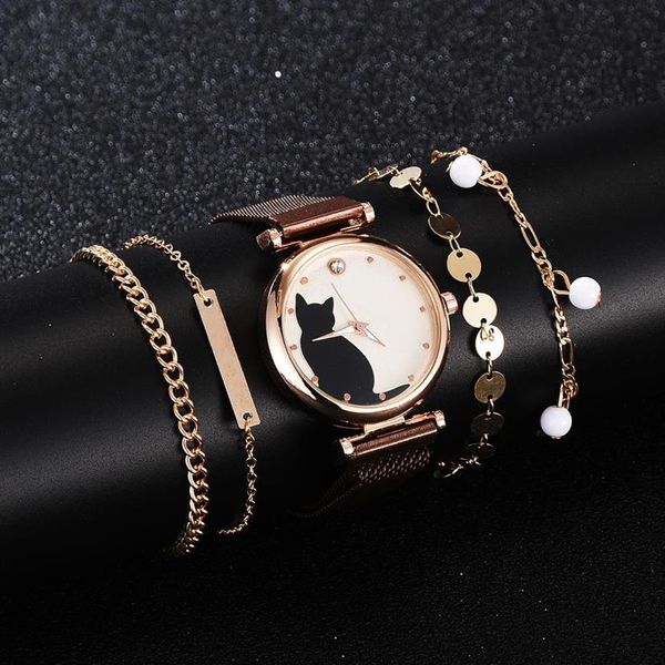 5 stücke Set Uhren Für Frauen 2020 Mode Magnet Katze Muster Rosa Uhr Frauen Quarz Armbanduhr Damen Armband Uhr Drop218T