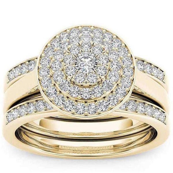 Fedi nuziali 2 pezzi Set da sposa Elegante anello di fidanzamento in cristallo Colore oro di lusso Cuore rotondo Zircone per le donne Boho Jewelry2024