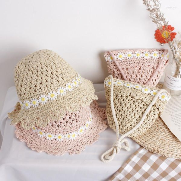 Cappelli fai da te Little Daisy Cappello di paglia e borsa per bambini in due pezzi Secchiello da spiaggia per ragazza estiva