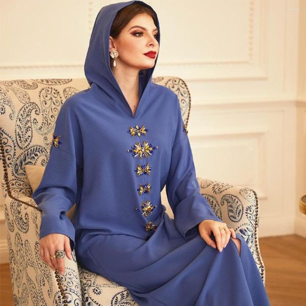 Etnik Giyim Müslüman Elbise Moda Mavi Gray El Deli Düzenli Kapüşonlu Cüppeler Abaya Orta Doğu Güneydoğu Asya Uzun Elbiseler Türkiye Dubai