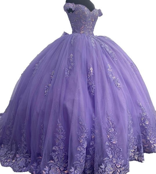 Платье Lilac Quinceanera 2023 Big Bow Back Glitter Sparkle Off-плеч