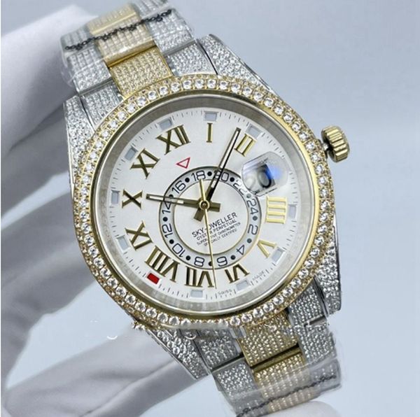 Luxo Moda de qualidade Os homens assistem Sky Ice Out Diamond Watch Diamond Two Tone Gold Sapphire Glass White Face 42mm Movimento automático