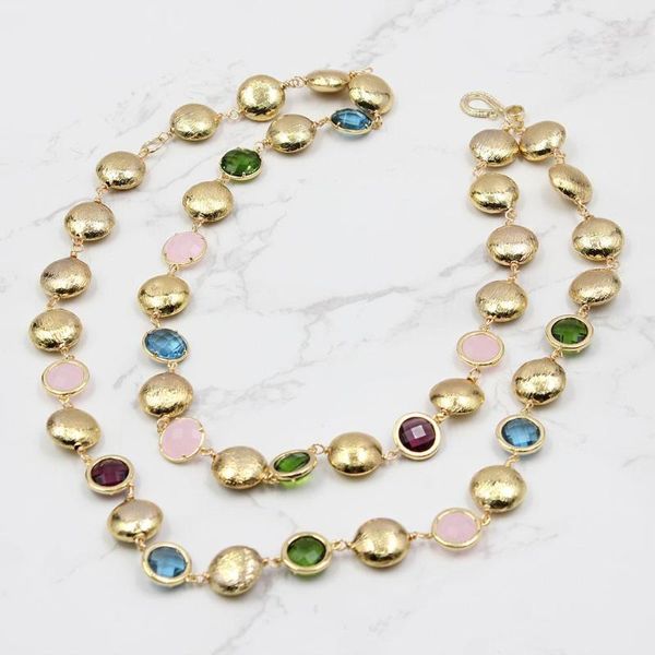 Anhänger Halsketten GuaiGuai Schmuck 2 Stränge Multi Farbe Münze Kristall Glas Vergoldet Gebürstete Perlen Halskette Frauen Mode