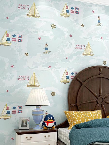 Duvar Kağıtları Mediterranean Karikatür Yelken Gemi Duvar Kağıdı Dokuma Olmayan Çocuk Odası Yatak Odası Yaşam Duvar Dekor Duvar Dekasyonu Mavi Renk