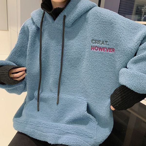 Ana Sayfa Kumaş Hoodies Sweatshirts Kuzu Yün Sahte İki Parçalı Kapüşonlu Sweatshirts Yular Üstleri Bayanlar Kış Sonbahar Sıcak Çekme Aşağı Sitede Nihai Sıcaklık