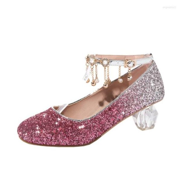 Düz ayakkabılar kız kristal prensesler çocuk yüksek topuklu podyum gösteri payetleri ayakkabı inci şeffaf dip moda performansı