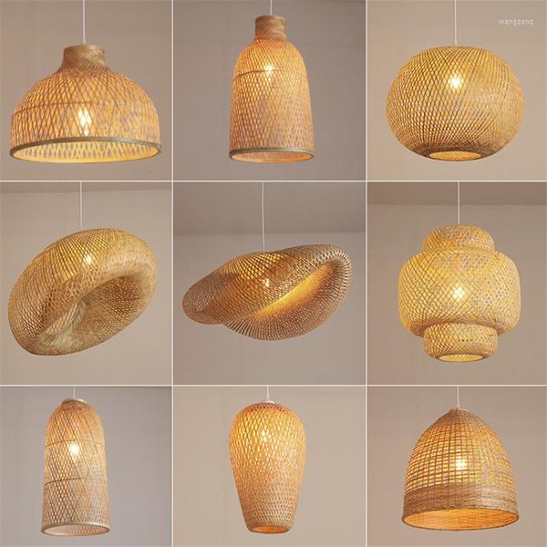 Lâmpadas pendentes de bambu clássico Restaurante de tricô manual Lustres de estilo vintage Candeliers Base de iluminação de cozinha E27 Base E27