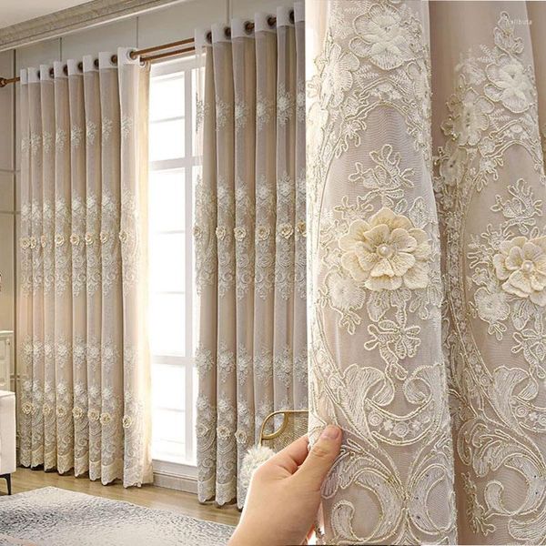 Cortina europeia Luxo bordado em relevo tule imitação de ponta cetim de cetim para sala de estar quarto real decoração#4