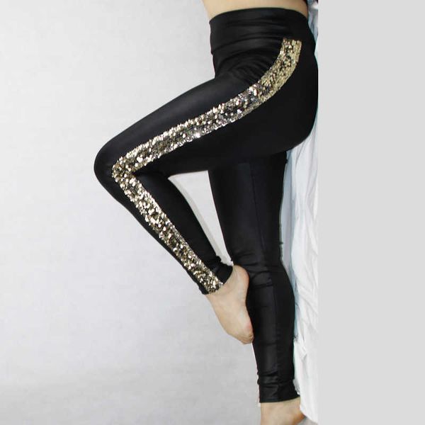 Leggings femininas Shikorleva Mulheres Leggings 2022 Contas de brilho lateral de couro falso