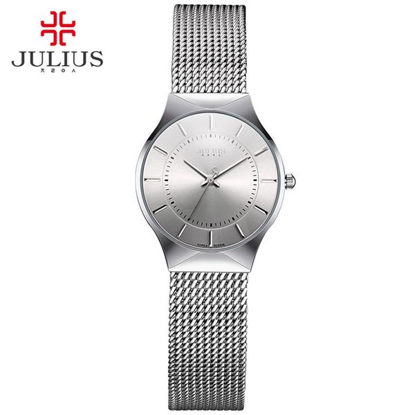 Julius JA-577 Mulheres Ultra Thin Silver Black Men malha de aço inoxidável Quartz Analog Fashion Casual Watch Wristwatch Relógio C1268o