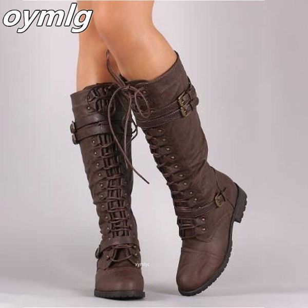 Botas mulheres joelhos altas outono de inverno laço up sapatos planos steampunk pu fuckle shoes femininos de mulheres neve 221013