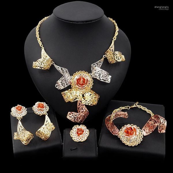 Серьги ожерелья устанавливают Yulaili Tricolor Design Dubai Gold для женщин свисание браслет кольцо с тонкими украшениями оптом