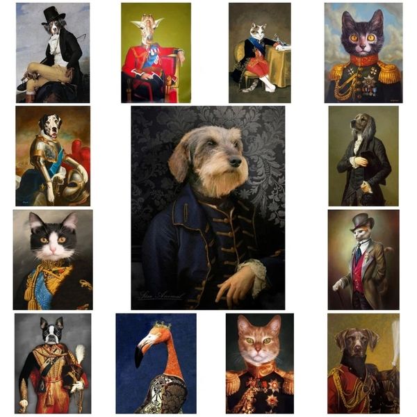 Vintage hayvan kafa insan vücudu tuval boyama İskandinav poster geyiği kedi köpek portre posterler baskı duvar sanat resmi özelleştirilebilir