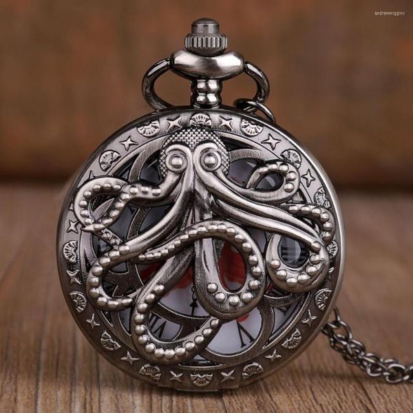 Pocket Watches Antique Black Octopus Hollow Capa quartzo Relógio Colar Pingente Gifts Presentes para Men Wome