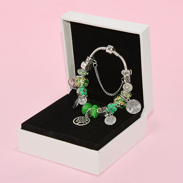 Charm-Armbänder mit Stammbaum-Anhänger, grün, mit Originalverpackung für Pandora, Sterling-Silber plattiert, Schlangenkette, Charms-Armband-Set für Frauen und Mädchen, Party-Schmuck-Geschenk