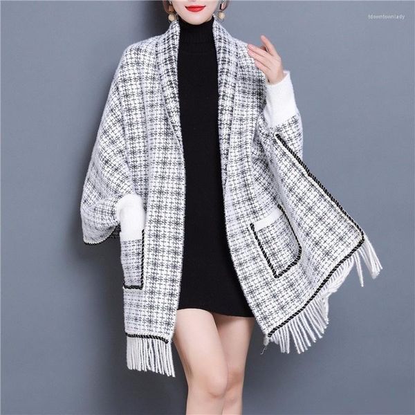 Malhas femininas Poncho Mulheres Cardigan suéter xadrez com bolso de mangas compridas com mangas compridas capa de malha solta etono da primavera foi manto fino