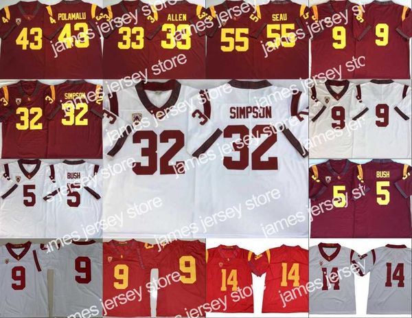 Американский футбол в колледже носить USC Trojans Vintage Litched Jersey 5 Reggie Bush 32 OJ Simpson 14 Сэм Дарнольд 9 Кедон Словис 43 Трой Поламалу 55 Младший Seau