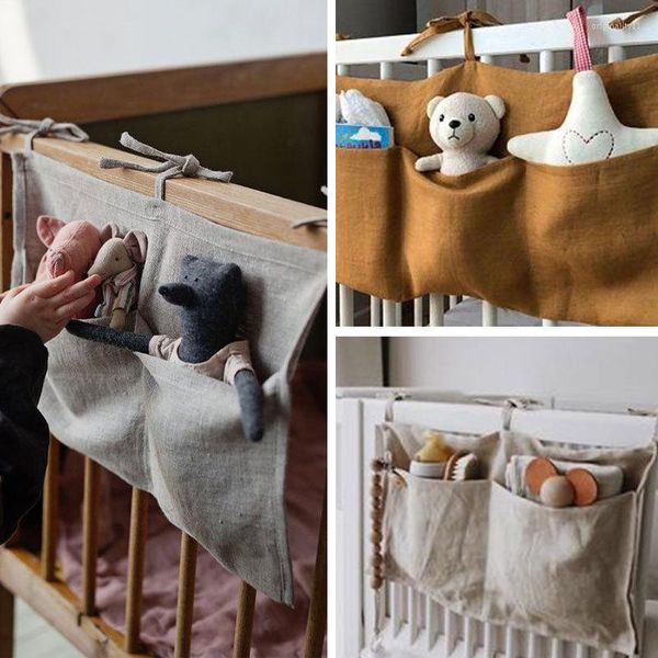 Peças de carrinho Cama de bebê pendurado sacos de armazenamento de algodão Organizador de berço Bolso de fralda de brinquedo para acessórios de conjunto de roupas de cama
