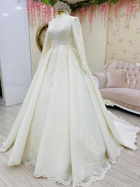 Robe De mariée Appliques robes musulmanes pour la mariée 2022 à manches longues col haut Tulle Satin robes De mariée Robe De Mariage